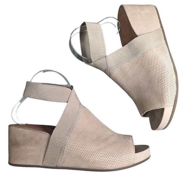 Gentle Souls Gianna taupe perforated leather bracelet wedge heel sandal 10 - Picture 2 of 8